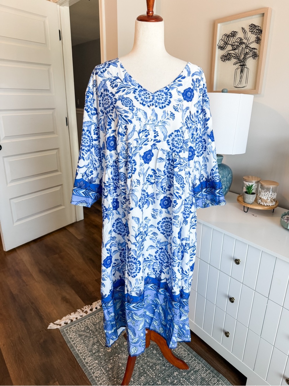 Blue and White Floral V-Neck Midi Dress